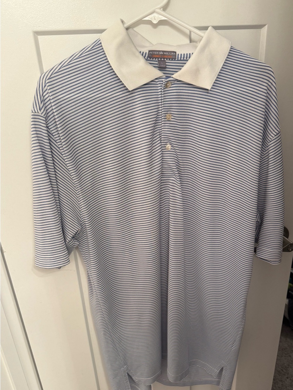 Peter Millar Light Blue & White Thin-Striped Polo with White Collar.